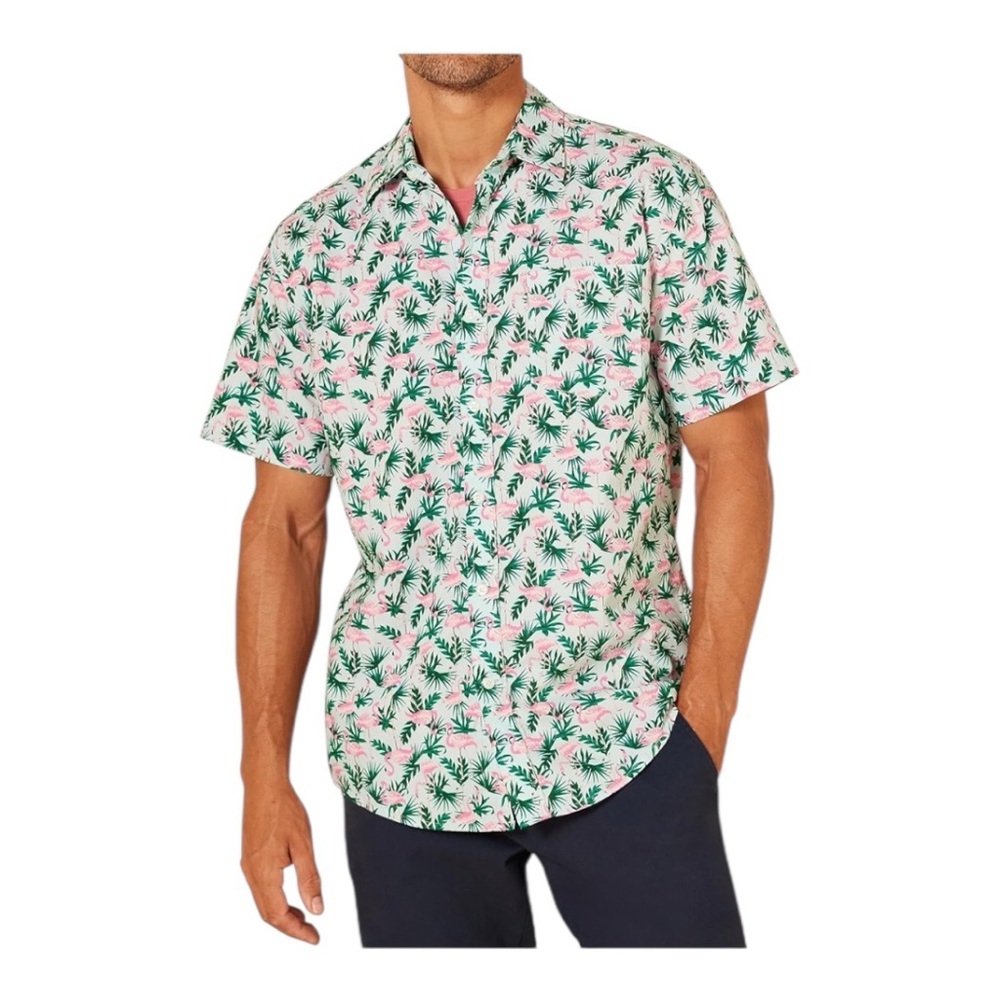 NWT Amazon Essentials Short-Sleeve Tropical Button-Down Shirt - Pink & Green S